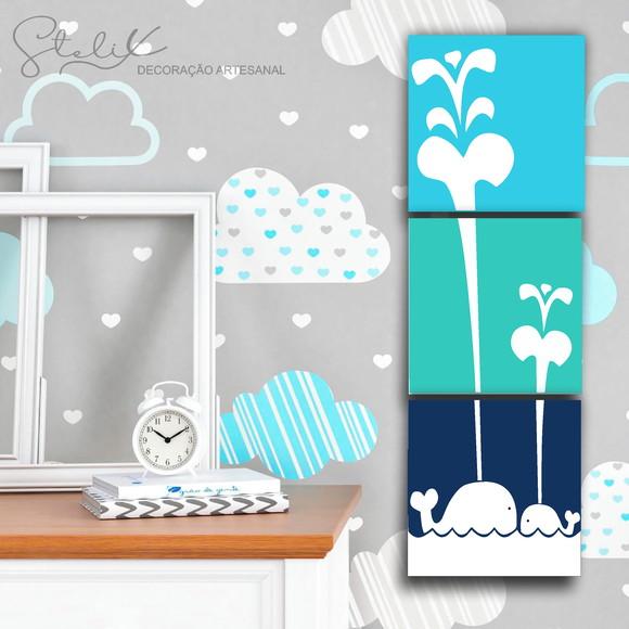 Kit Baleia Azul - 3 Placas Decorativas
