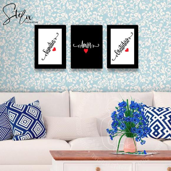 3 Placas Decorativas - Amor, Família, Gratidão