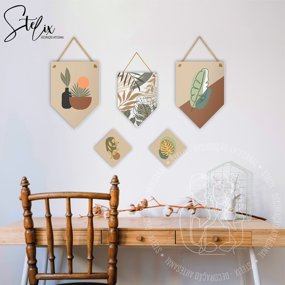 Kit de 3 Flâmulas mdf + 2 Placas Decoração para Hall
