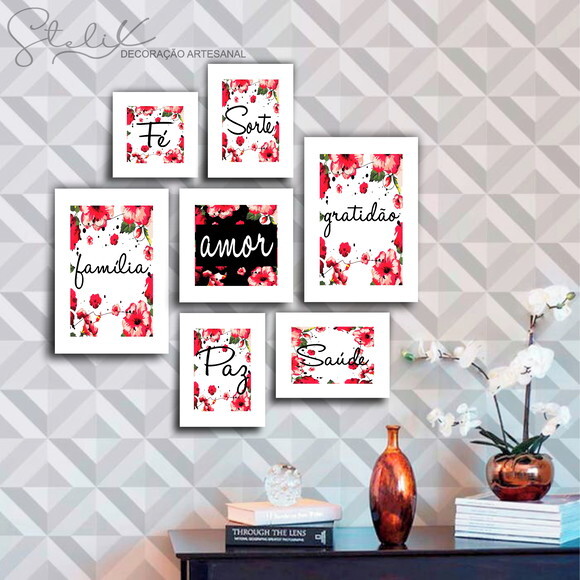 Kit Florido Vermelho e Branco - 7 Placas Decorativas