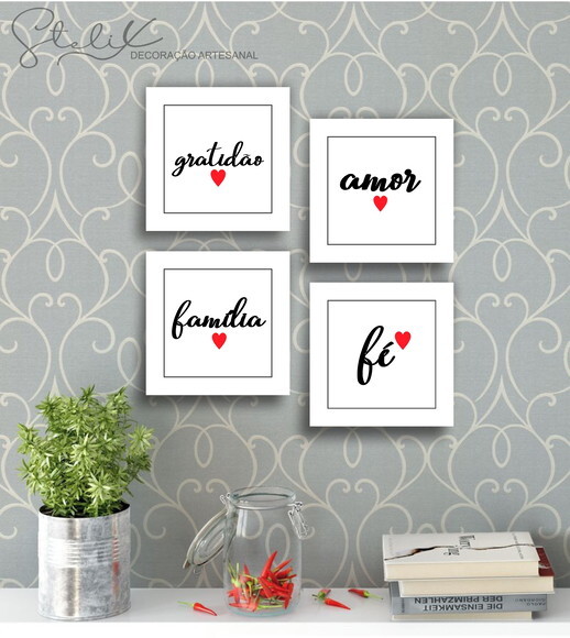 Kit Palavras Borda Branca - 4 Placas Decorativas Médias