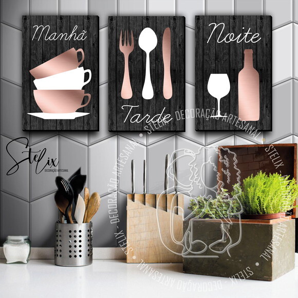 Kit Para Cozinha Rosê c/ Branco - 3 Placas Decorativas Média