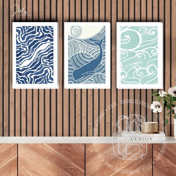 Quadros com Ilustrações de Praia Mar Baleia para Sala
