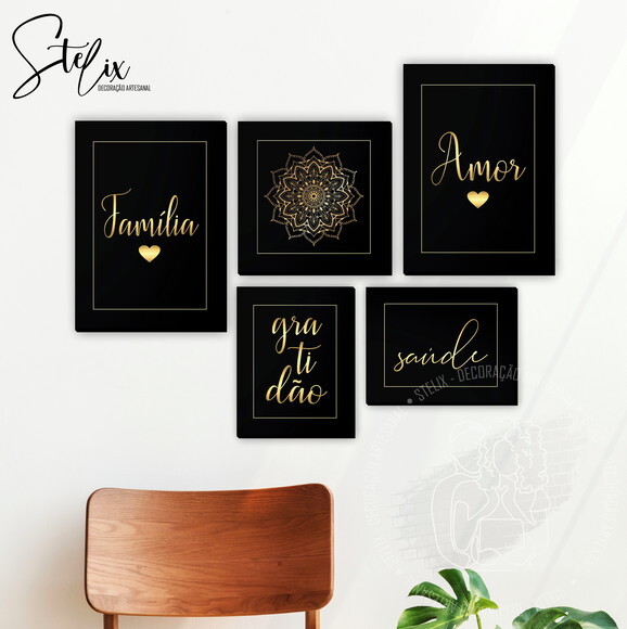 Quadros para Sala Palavras Preto e Dourado