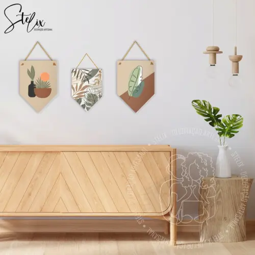 Trio de Flâmulas Decorativas Boho Plantas