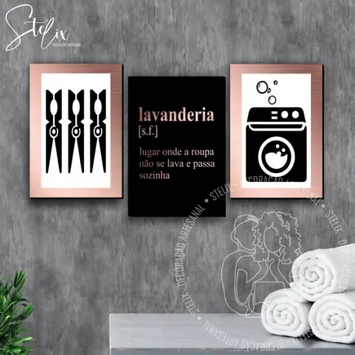 Quadros para Lavanderia Rosê Gold e Preto