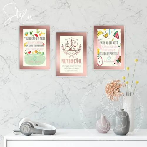 Kit Nutrição Rosê Gold - 3 Quadros / Placas Decorativas