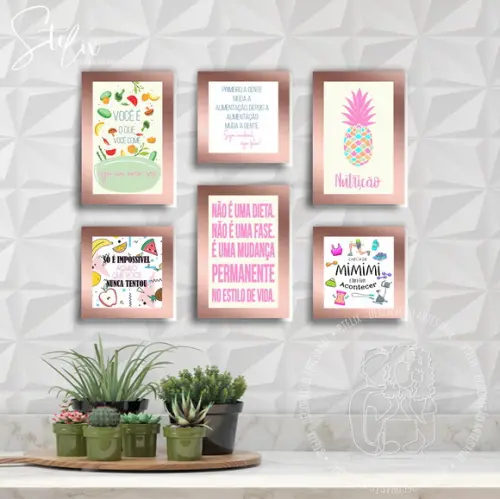 Kit Nutricionista Rosê Gold - 6 Placas / Quadros Decorativas