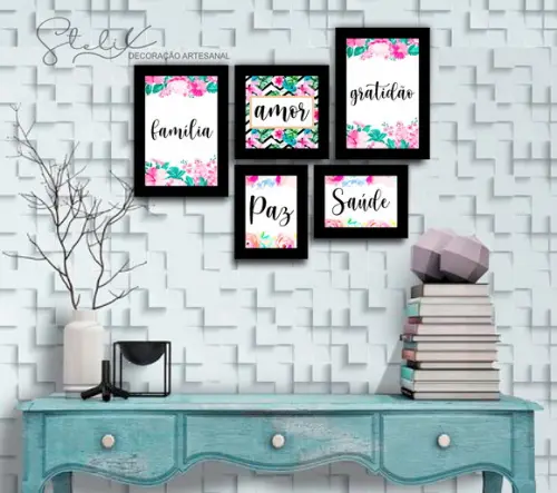 Kit Floral Rosa - 5 Placas Decorativas