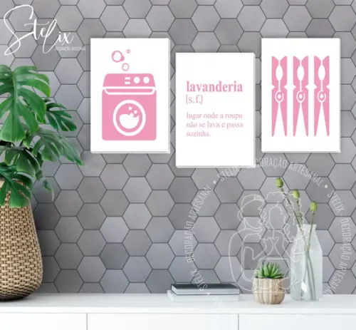 Kit Lavanderia Rosa - 3 Placas Decorativas