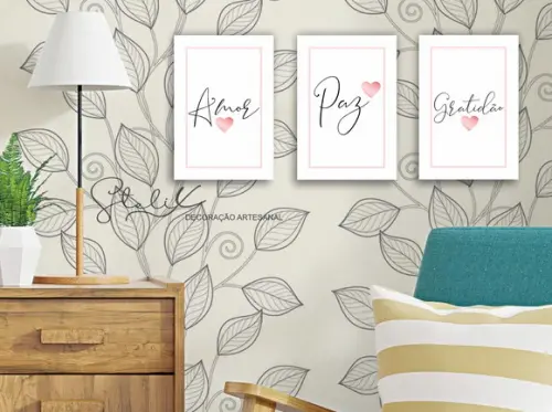 Kit Paz, Amor, Gratidão Rose - 3 Placas Decorativas
