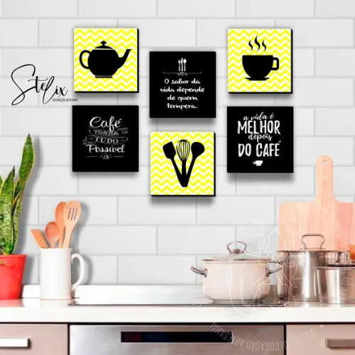 Kit Café e Cozinha Amarelo - 6 Placas de MDF