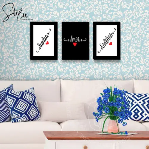 3 Placas Decorativas - Amor, Família, Gratidão