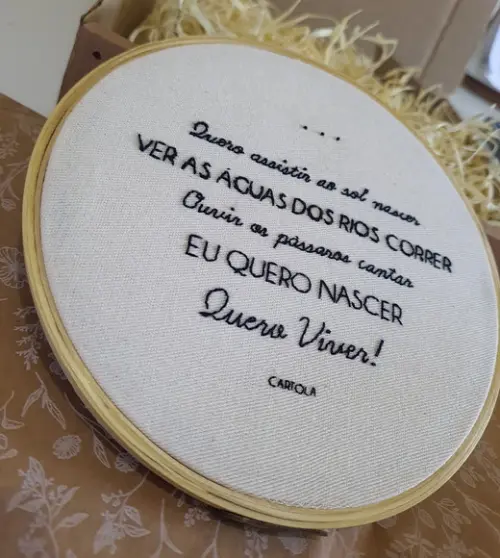 Quadro Bastidor Bordado à Mão Deixe-me Ir Cartola Mpb Samba