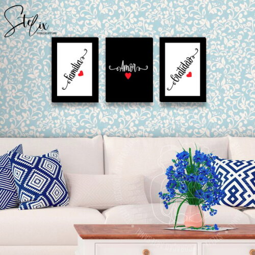 3 Placas Decorativas - Amor, Família, Gratidão