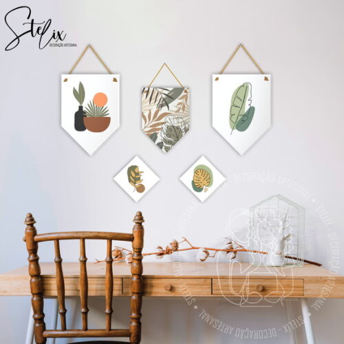 Kit de 3 Flâmulas mdf + 2 Placas Decoração para Hall