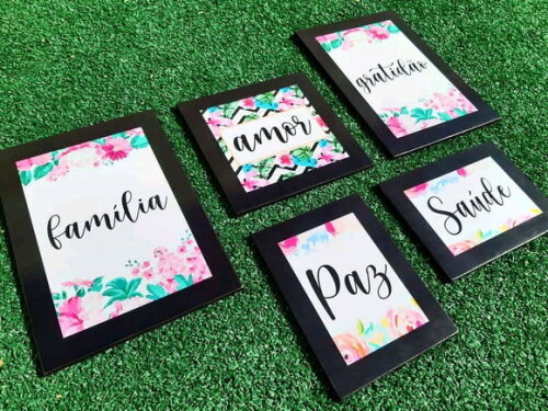 Kit Floral Rosa - 5 Placas Decorativas