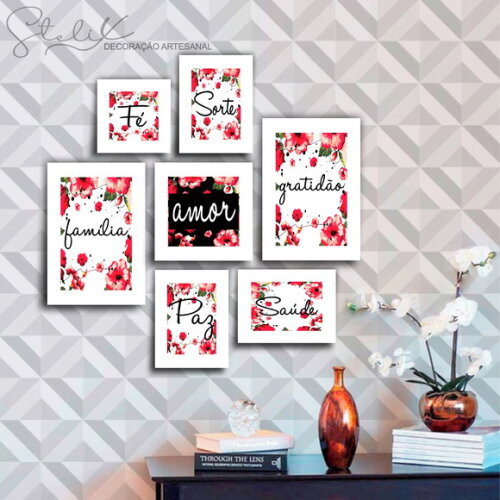 Kit Florido Vermelho e Branco - 7 Placas Decorativas
