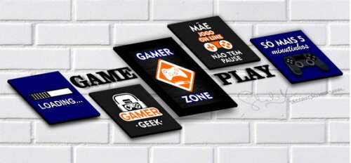 Kit Game Play - 5 Placas / Quadros Decorativos + 8 Letras