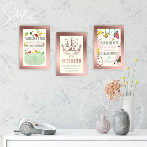 Kit Nutrição Rosê Gold - 3 Quadros / Placas Decorativas