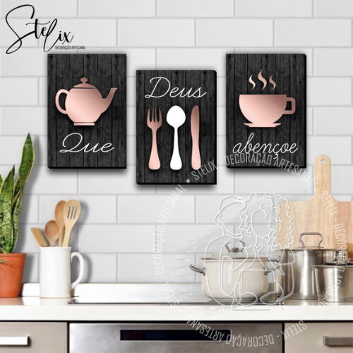 Kit Para Cozinha Rosê - 3 Placas / Quadros Decorativos