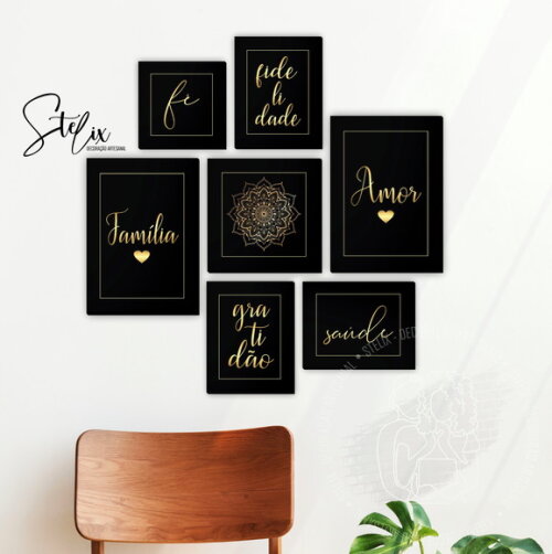Kit Quadros para Sala Dourado - 7 Placas Decorativas Médias