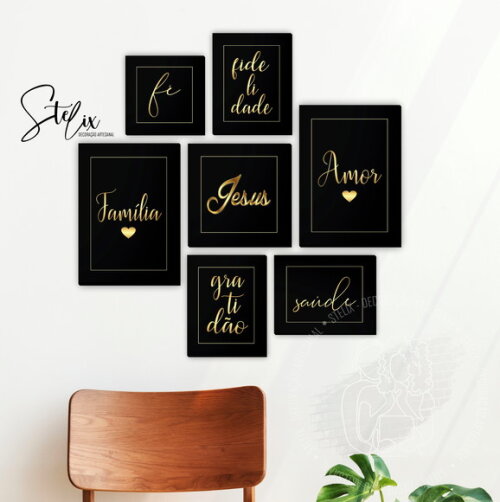 Quadros Cristão Jesus Preto e Dourado