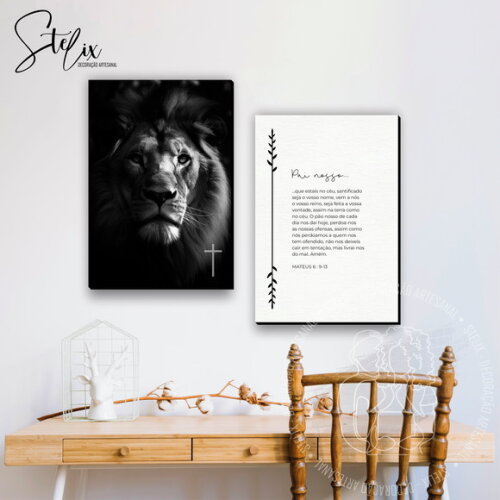 Quadros Decorativos Cristão Oração Pai Nosso e Leão
