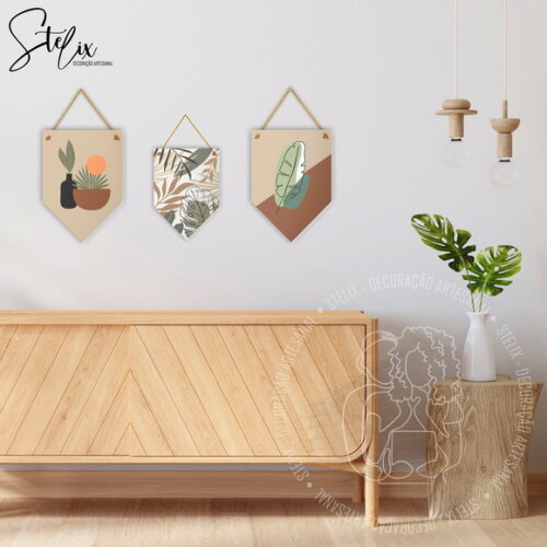 Trio de Flâmulas Decorativas Boho Plantas
