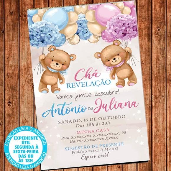 Convite Chá Revelação Ursinhos Digital