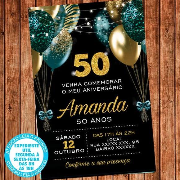 Convite Verde e Dourado Balões Festa Aniversário Virtual