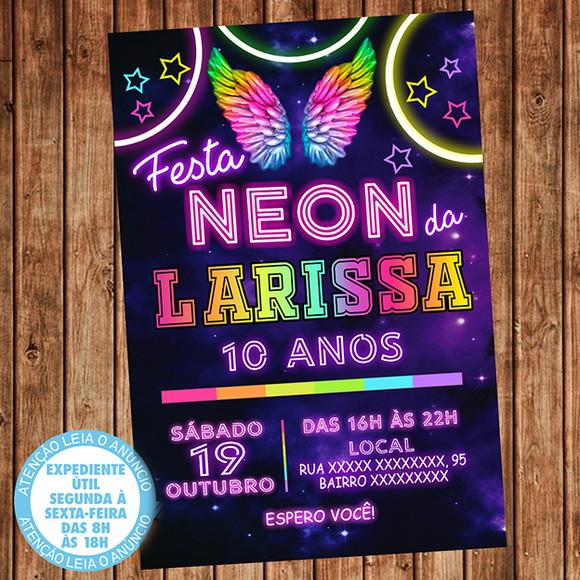Convite Asas Coloridas Festa Neon Anjo Aniversário Festa