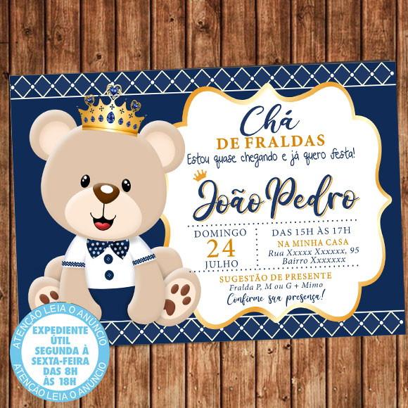 Convite Chá de Fraldas Ursinho Princípe Urso Digital