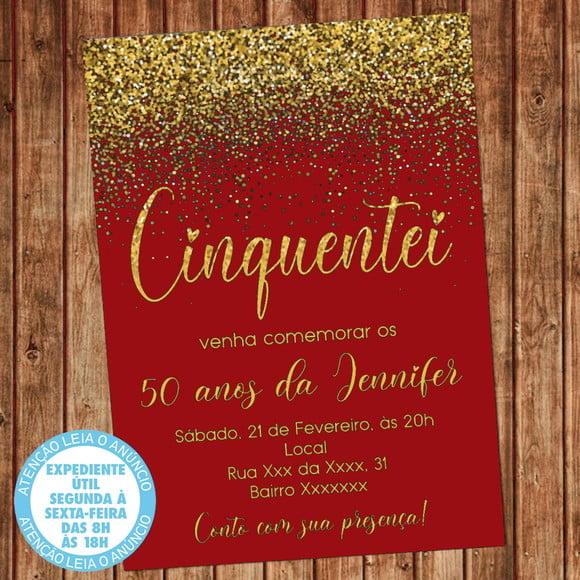 Convite 50 Anos Aniversário Vermelho e Dourado