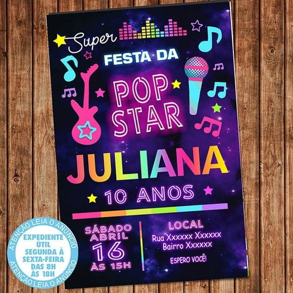 Convite Festa Neon Aniversário Neon Pop Rock Digital