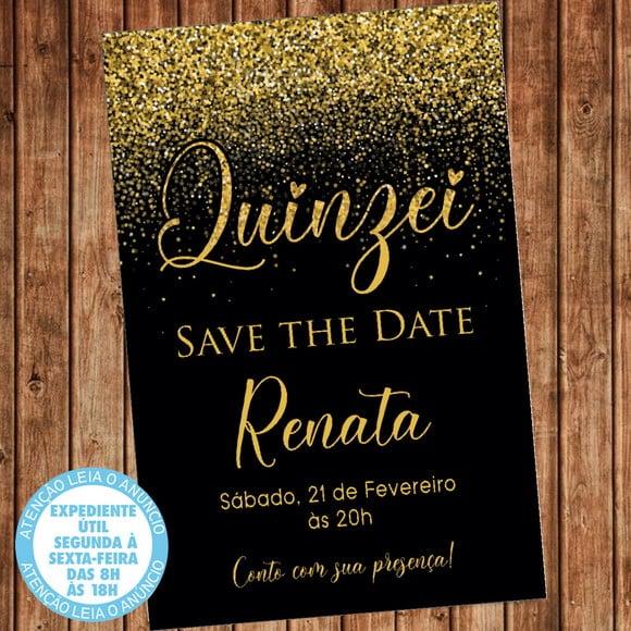 Convite 15 Aniversário Festa Save the Date Dourado Digital