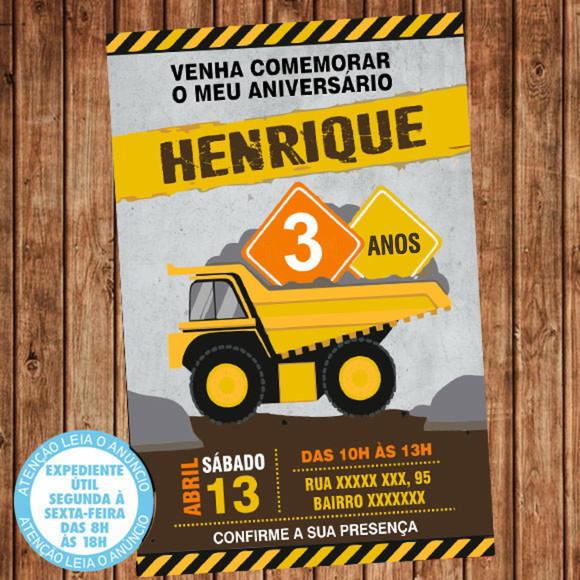 Convite Caminhão Aniversário Festa Obra Construção Digital