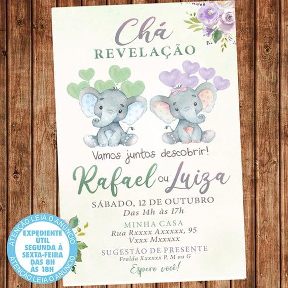 Convite Chá Revelação Elefantinhos Verde e Lilás Digital