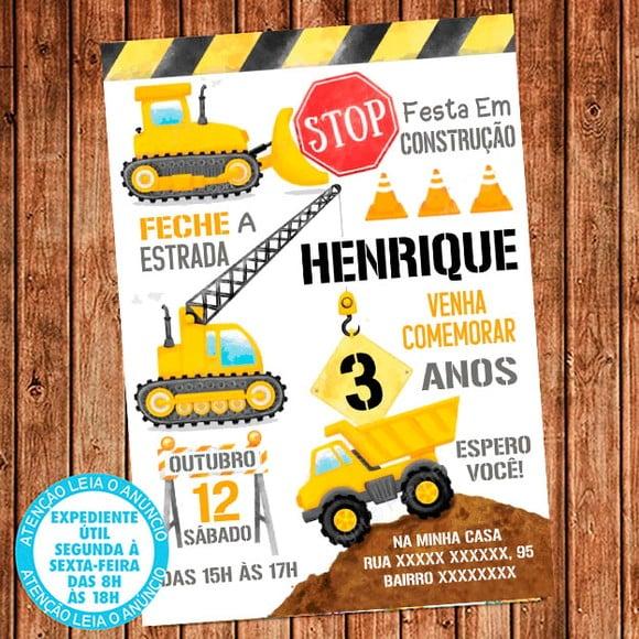 Convite Construção Aniversário Festa Obra Digital