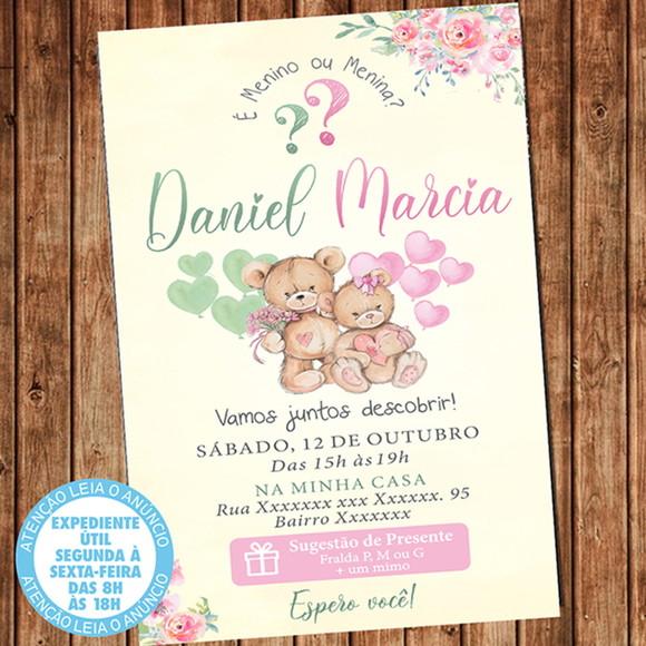 Convite Chá Revelação Ursinhos Urso Rosa e Verde Digital