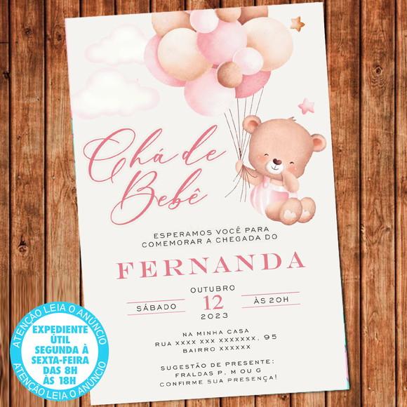 Convite Chá de Bebê Ursinha Balão Rosa Chá Fralda Digital
