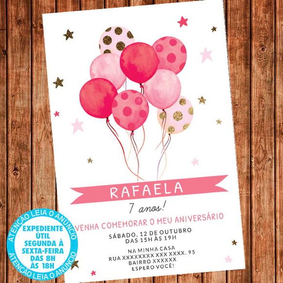Convite Balões Aniversário Festa Rosa Digital