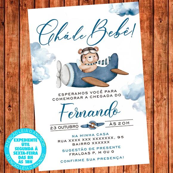 Convite Cha de Bebe Ursinho Aviador Digital Cha de Fraldas