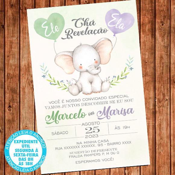 Convite Chá Revelação Elefante Verde E Lilás Digital