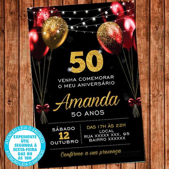 Convite Vermelho e Dourado Balões Festa Aniversário Virtual