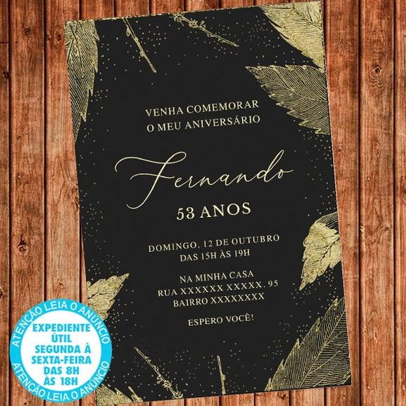 Convite 15 30 40 50 60 Anos Aniversário Dourado Festa Folhas