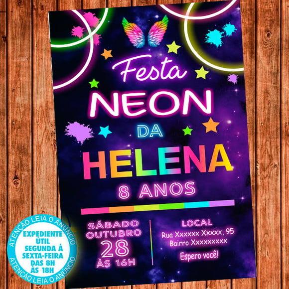 Convite Asas Coloridas Festa Neon Anjo Aniversário Festa