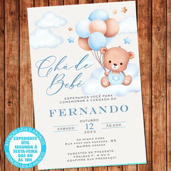 Convite Chá de Bebê Ursinho Balão Azul Chá Fralda Digital