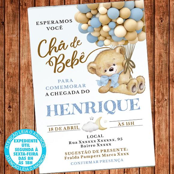 Convite Chá de Bebê Ursinho Balões Digital Chà de Fraldas