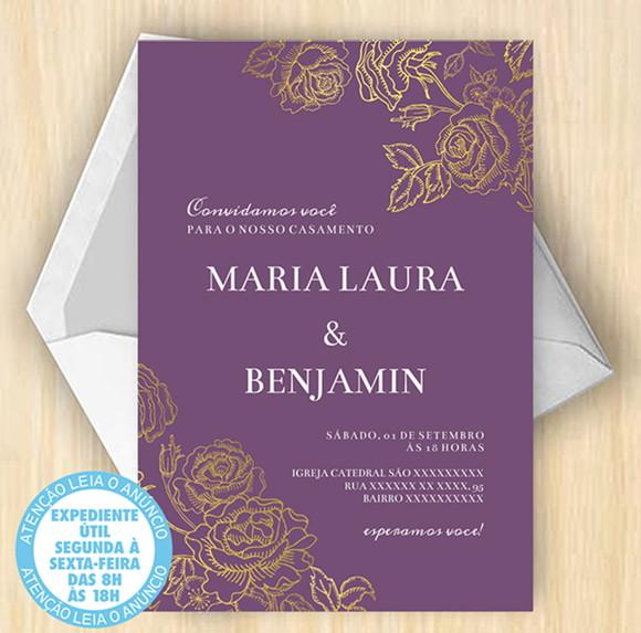 Convite Casamento Roxo e Dourado Digital 35
